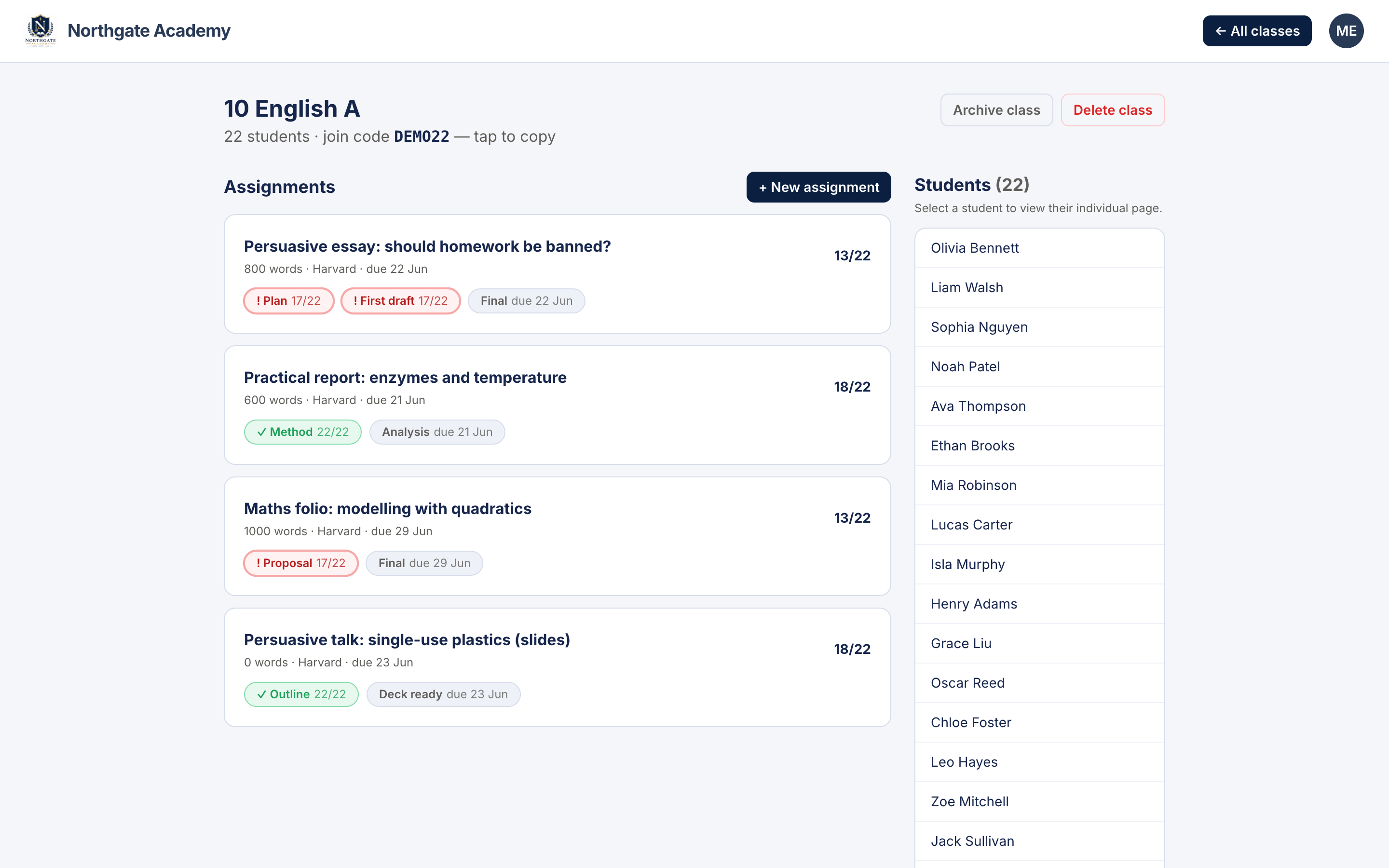 Teacher dashboard and class view