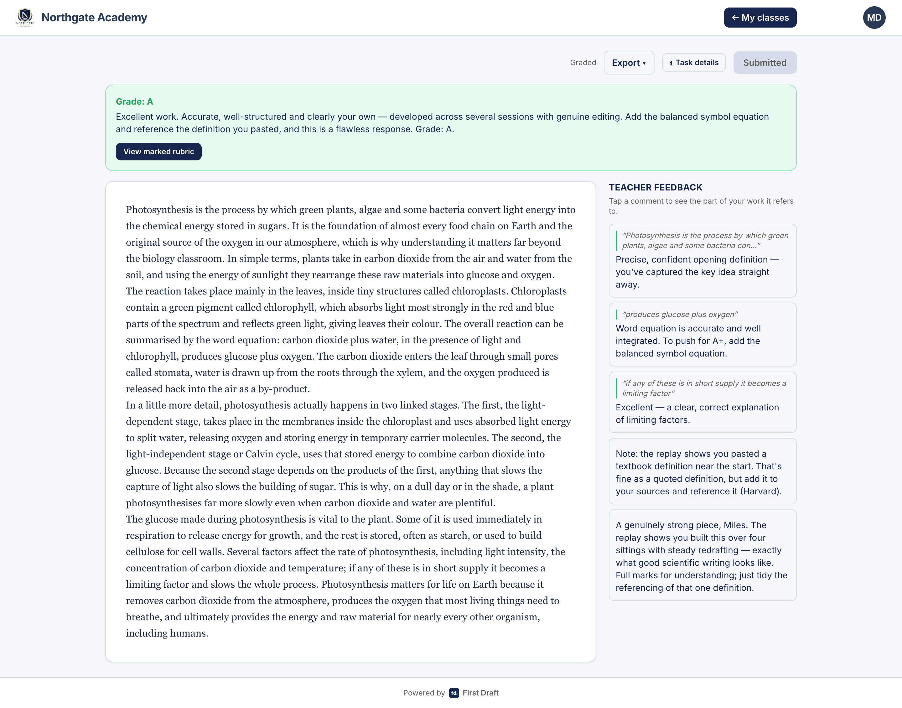 The student feedback view
